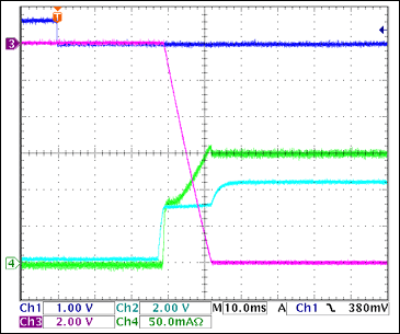 圖8. -12V接通波形Ch1 = Q8BASE, Ch2 = -12VGATE, Ch3 = -12VOUT, Ch4 = IIN(-12V) 注釋:接通順序,80Ω阻性負(fù)載 = 150mA。