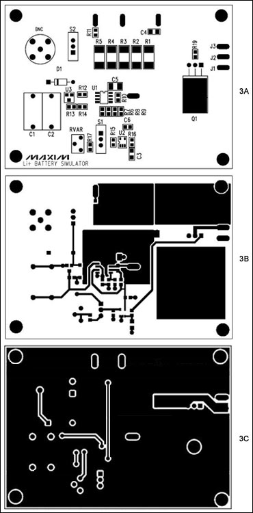 Figure 3. Component placement on the board. Component reference numbers in Figures 3A, 3B, and 3C are shown in the layout of Figure 2. Figure 3A. Li+ battery simulator circuit, 2-layer board, component placement. Figure 3B. Li+ battery simulator circuit, 2-layer board, top layer. Figure 3C. Li+ battery simulator circuit, 2-layer board, bottom layer.